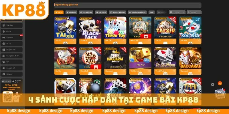 4 sảnh cược hấp dẫn tại game bài KP88